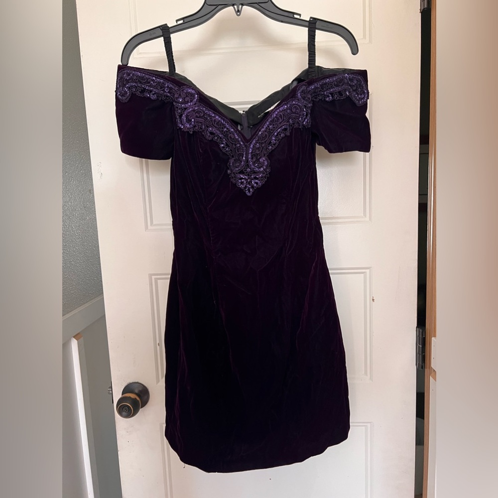 Vintage Crushed Velvet Purple Dress with Embellishment